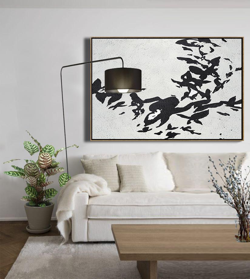 Art Work,Oversized Horizontal Minimal Art On Canvas, Black And White Minimalist Painting - Size Extra Large Abstract Art